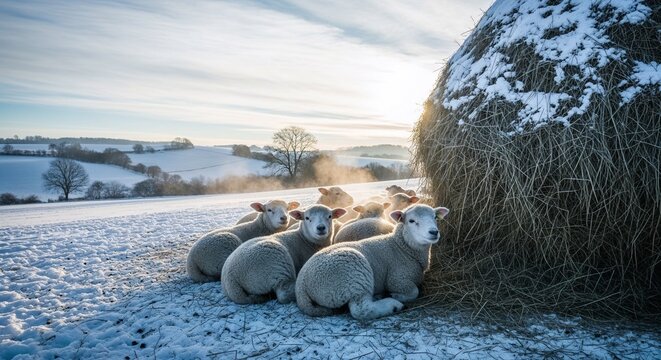 Sheep resting beside haystack on snowy farm landscape in winter  
