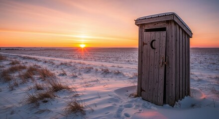 Wooden outhouse in snowy landscape during sunrise at the beach  