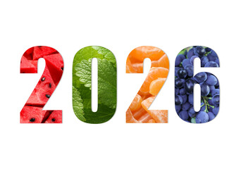 Numbers 2026 with fruits and mint leaves inside on white background. New Year card