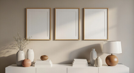 Soft Beige Wall with Three Blank Picture Frames and Modern Decor