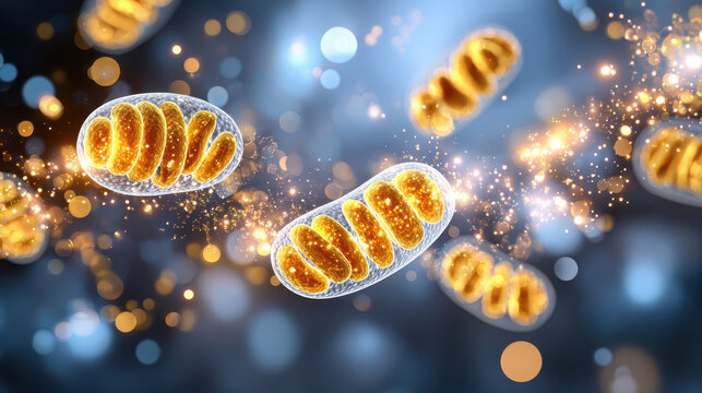 3D illustration of mitochondria cells with vibrant colors and glowing particles against a dark abstract background representing cellular energy