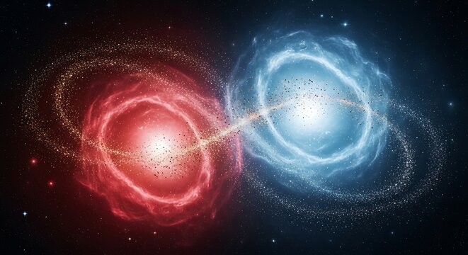 Two galaxies colliding in a cosmic dance, one red and one blue, creating a spectacular display of light and energy in the vastness of space - Powered by Adobe