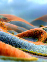 Surreale Hügel mit farbenfrohen Gräsern und sanfter Lichtstimmung