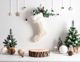 podium from wood with christmas decoration room 