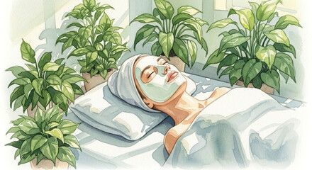 A woman relaxes with a facial mask, surrounded by lush green plants, enjoying a spa day.