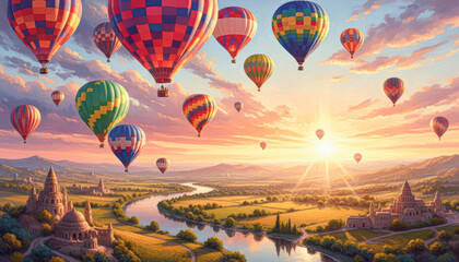 Obraz premium Colorful hot air balloons float above a serene landscape at sunrise, with rolling hills, a river, and ancient architecture in the background.