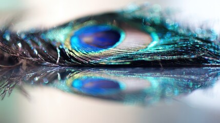 peacock. A close-up of a peacock feather against a mirrored surface with iridescent blue-green tones. wildlife magazines, conservation campaigns, designed for wildlife conservation campaigns.