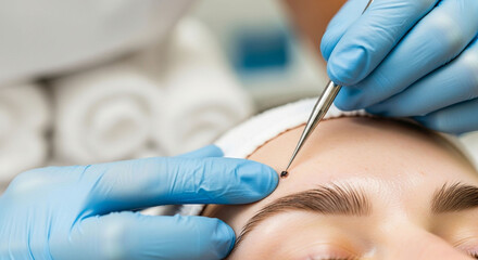 A dermatologist in blue gloves uses a specialized tool to remove a mole from a patient's forehead during a cosmetic procedure.