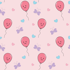 Holiday or Birthday Seamless pattern with Cute Balloons and butterfly. Vector Festive Playful Background for Kids with Kawaii Balloons. Funny Face Balloon for Baby design. Pink background nursery