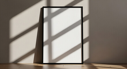Modern Poster Mockup on Wooden Floor with Diagonal Window Shadow