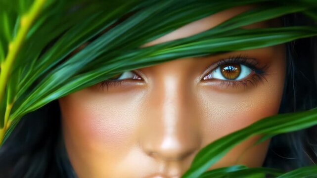 A single brown eye peers through vibrant green foliage