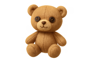 Teddy bear brown plush toy sitting, symbolizing childhood, comfort, innocence, and happiness with transparent background