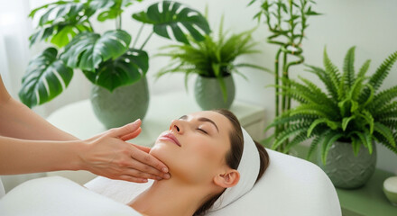 A woman receiving a facial massage at a spa, surrounded by lush green plants, promoting relaxation.