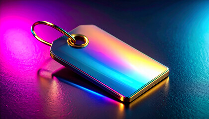 Iridescent metallic product tag with a gleaming gold ring, reflecting vibrant cyberpunk neon lights, an abstract concept for a futuristic Black Friday sales event promotion