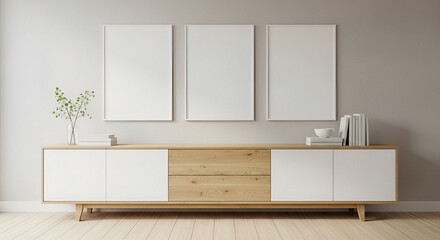 Modern Home Interior with Blank Wooden Frames Above White Cabinet