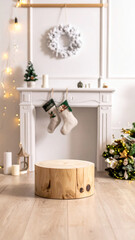 podium from wood with christmas decoration room product display vertical