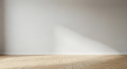 Empty Minimalist Room with White Wall and Light Oak Wooden Floor