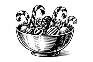 Bowl of assorted candies and candy canes in detailed engraving style on white background, representing a festive holiday sweets concept