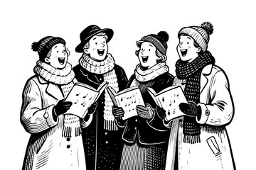 Group of cheerful people singing carols, monochrome graphic style, white background. Concept of winter holiday tradition and joy