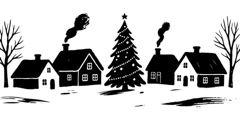 Winter village scene with snowy ground, decorated Christmas tree, and cozy houses in black and white silhouette style on white background