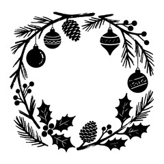 Circular Christmas wreath made of pine branches, holly leaves, berries, cones, and baubles in silhouette style on white background. Holiday decor concept