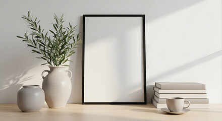Blank Photo Frame Mockup Leaning on Desk in Scandinavian Interior