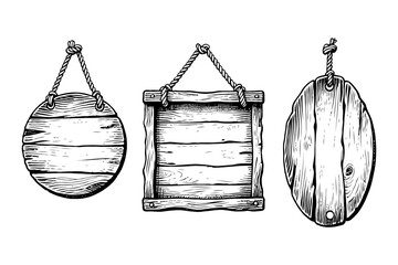 Three rustic hanging wooden signs in hand-drawn engraving style, displayed on white background. Concept of signage, vintage or retro design