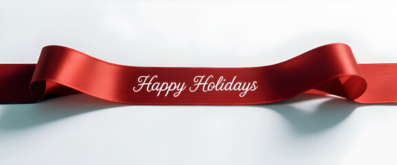 Elegant Red Ribbon with Happy Holidays Message on White Background for Festive Celebrations and Greetings Design