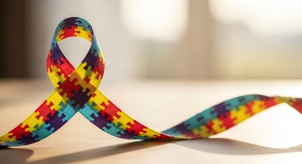 Colorful jigsaw puzzle pattern ribbon forming an awareness loop on a wooden surface for autism support and World Autism Awareness Day.