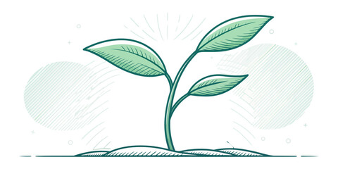Vector illustration of a young plant with three green leaves emerging from the ground in a sketch style