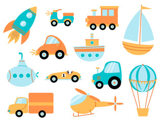 A set of bright children's toy vehicles. Airplane, car, ship, truck, yacht, hot air balloon, helicopter, moped