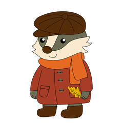 Cute badger in autumn clothes with orange scarf and coat