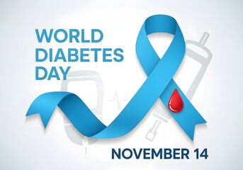 World Diabetes Day awareness card with blue ribbon and blood drop symbol.
