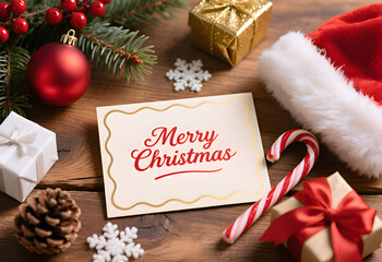 Festive Christmas Card with Presents Santa Hat and Holiday Decorations on Wooden Background Merry Christmas Celebration