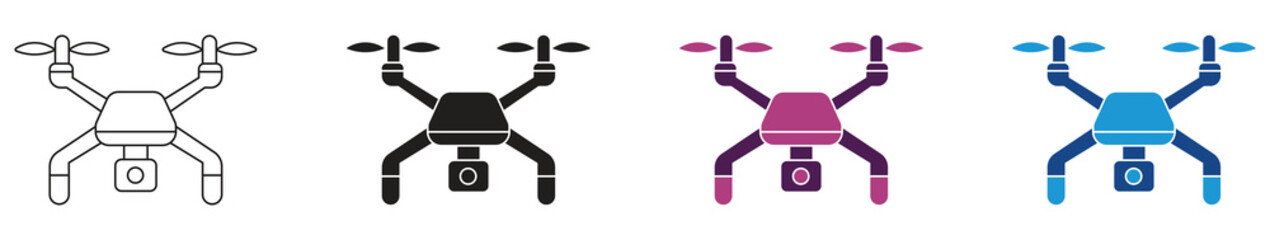 Drone helicopter with a camera icon. Quadcopter isolated on white background, vector illustration.