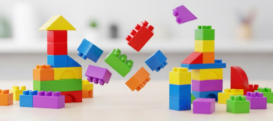 Obraz premium Colorful plastic toy building blocks built into structures and falling apart. Concept of development and challenge, learning, child play, growth, and problem solving.