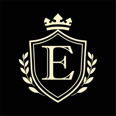 Royal Shield Emblem with Crown and Laurel Wreath in Elegant Minimal Vector Style for Luxury Branding, Heraldic Logo, and Classic Design Concepts