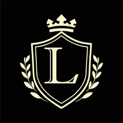 Royal Shield Emblem with Crown and Laurel Wreath in Elegant Minimal Vector Style for Luxury Branding, Heraldic Logo, and Classic Design Concepts