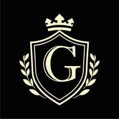 Royal Shield Emblem with Crown and Laurel Wreath in Elegant Minimal Vector Style for Luxury Branding, Heraldic Logo, and Classic Design Concepts