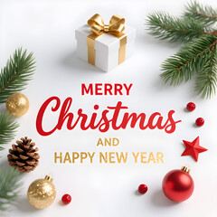 Festive Christmas composition with gift box pine branches ornaments and Merry Christmas text Happy New Year greeting white background top view