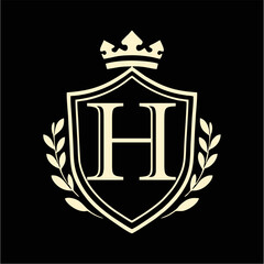 Royal Shield Emblem with Crown and Laurel Wreath in Elegant Minimal Vector Style for Luxury Branding, Heraldic Logo, and Classic Design Concepts