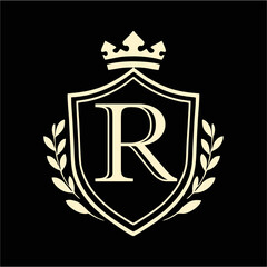 Royal Shield Emblem with Crown and Laurel Wreath in Elegant Minimal Vector Style for Luxury Branding, Heraldic Logo, and Classic Design Concepts