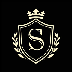 Royal Shield Emblem with Crown and Laurel Wreath in Elegant Minimal Vector Style for Luxury Branding, Heraldic Logo, and Classic Design Concepts