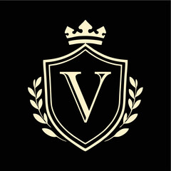 Royal Shield Emblem with Crown and Laurel Wreath in Elegant Minimal Vector Style for Luxury Branding, Heraldic Logo, and Classic Design Concepts