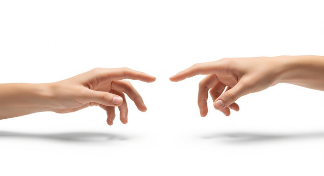 Two hands reaching out fingers almost touching symbolizing connection and creation isolated on white