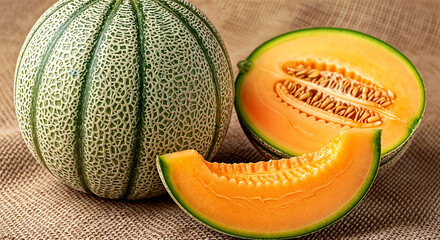 Whole, Halved, and Sliced Cantaloupe Displayed on Light Surface Highlighting Netted Rind, Orange Flesh, and Seed Cavity
