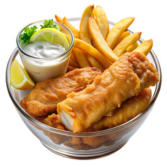Crispy Beer-Battered Fish and Chips on a plate in a bowl over a white background and Transparent Background