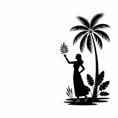Black and white minimalist silhouette of a woman beside tall palm tree, holding tropical leaf, flowing dress, scattered large leaves, clean graphic contrast, tropical scene.