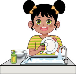 Cartoon Girl Washing Dishes in The Sink 