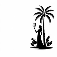Black and white minimalist silhouette of a woman beside tall palm tree, holding tropical leaf, flowing dress, scattered large leaves, clean graphic contrast, tropical scene.